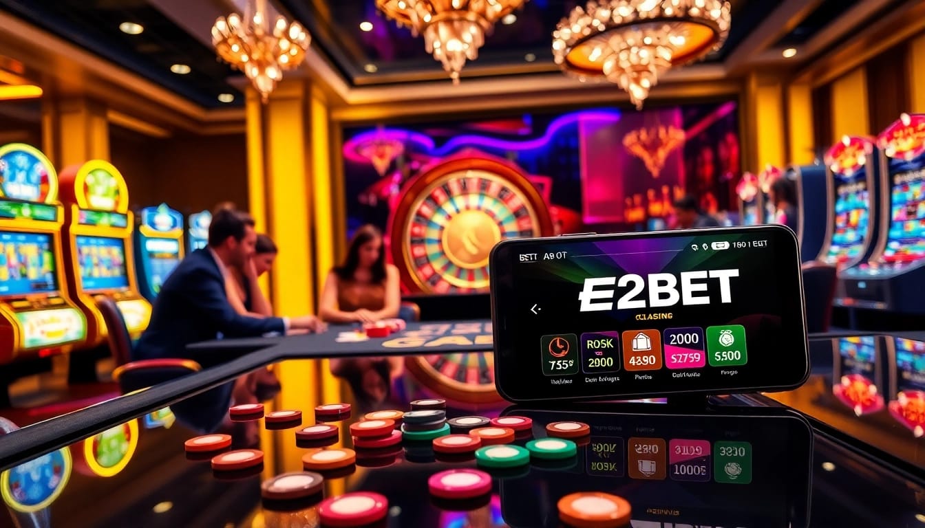 Experience the thrill of the E2BET game at a luxurious casino with vibrant gaming tables.
