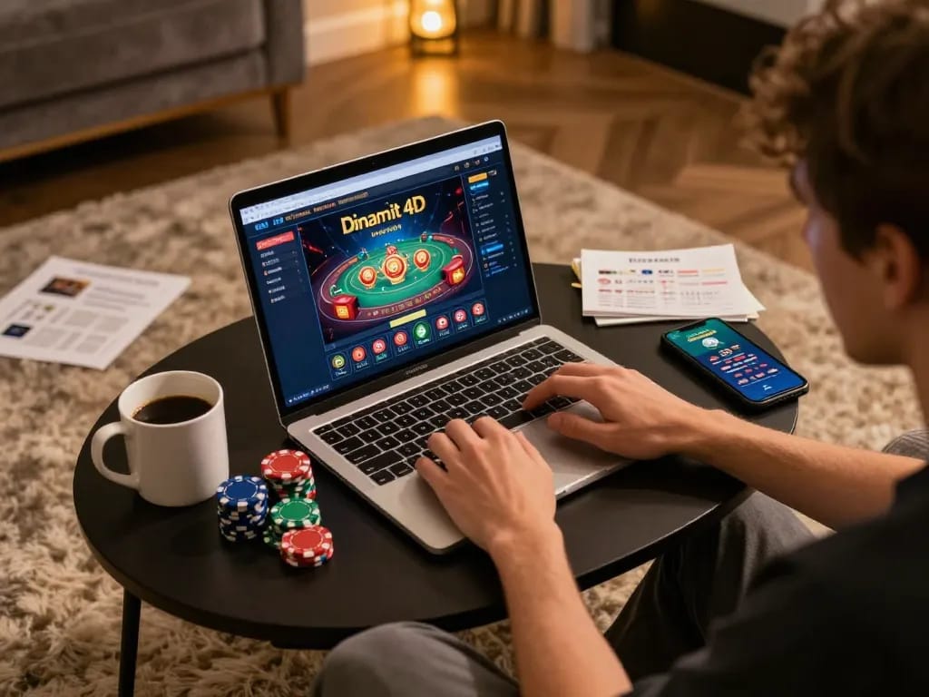 Engaged player analyzing strategies on Dinamit4D online casino interface with warm lighting.