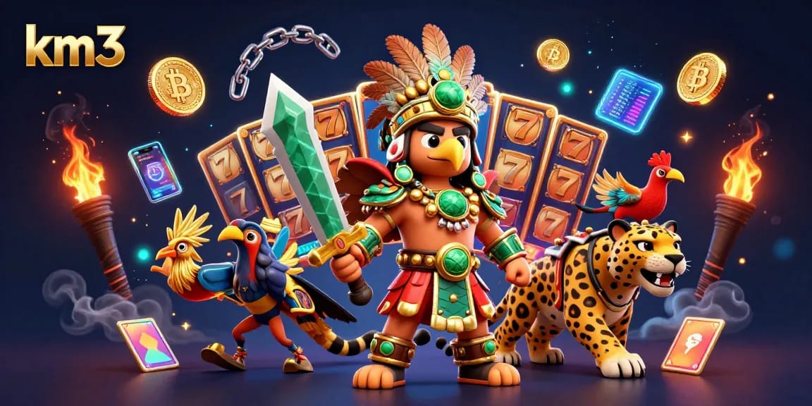Experience km3's thrilling slot games with dynamic Aztec-themed warriors and exciting jackpot elements.