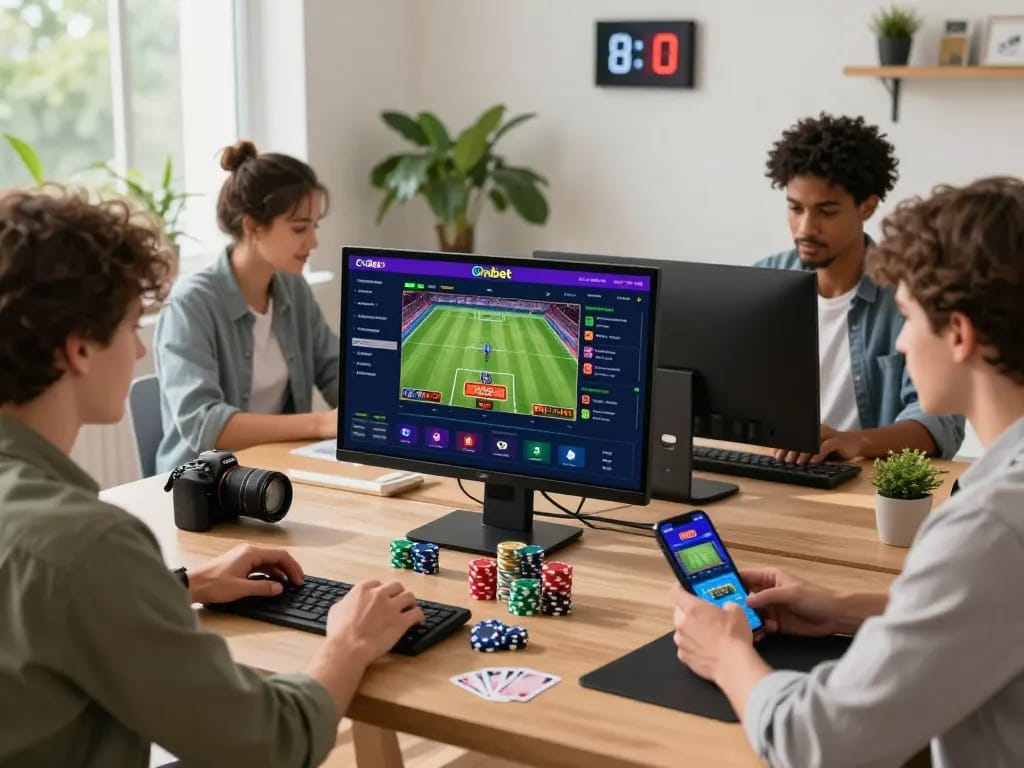 Engaged users exploring Onbet betting options on modern devices in a vibrant home office setting.