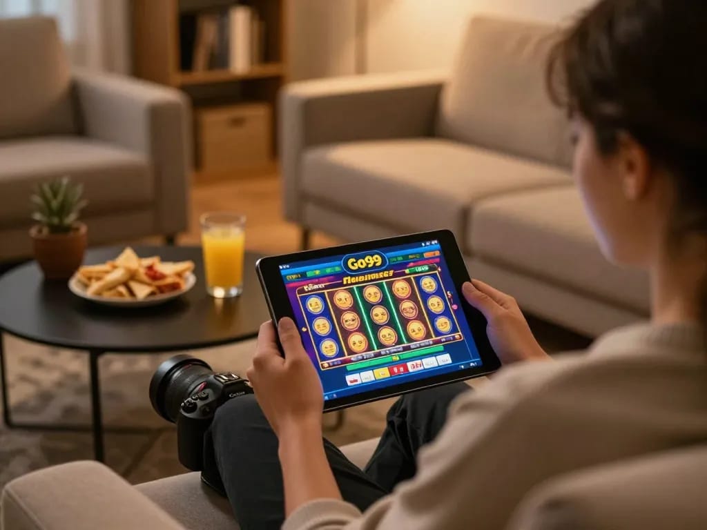 Engaging on Go99 app for online casino games while relaxing on the sofa.