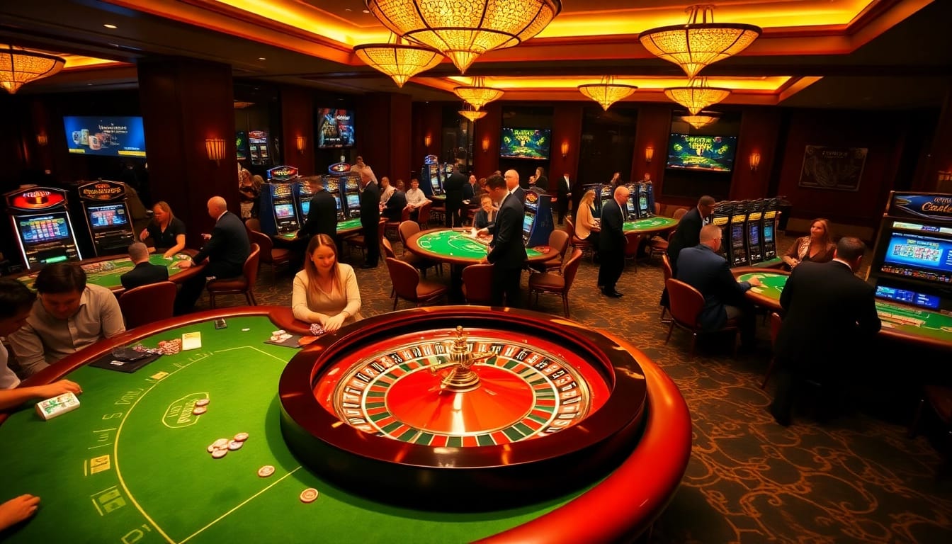 Engaging scene of high-stakes gambling at https://thabet88.site/ with players at card tables and slot machines.
