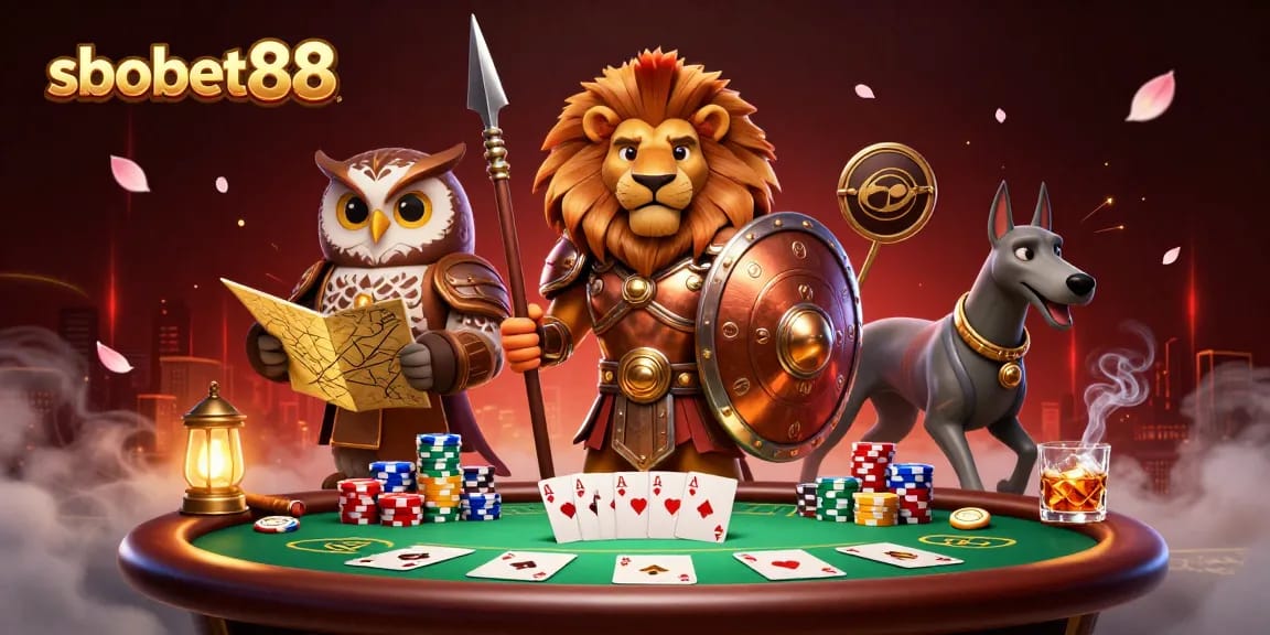 Engage in thrilling sbobet88 sports betting action, featuring a heroic Spartan lion, owl strategist, and greyhound messenger.