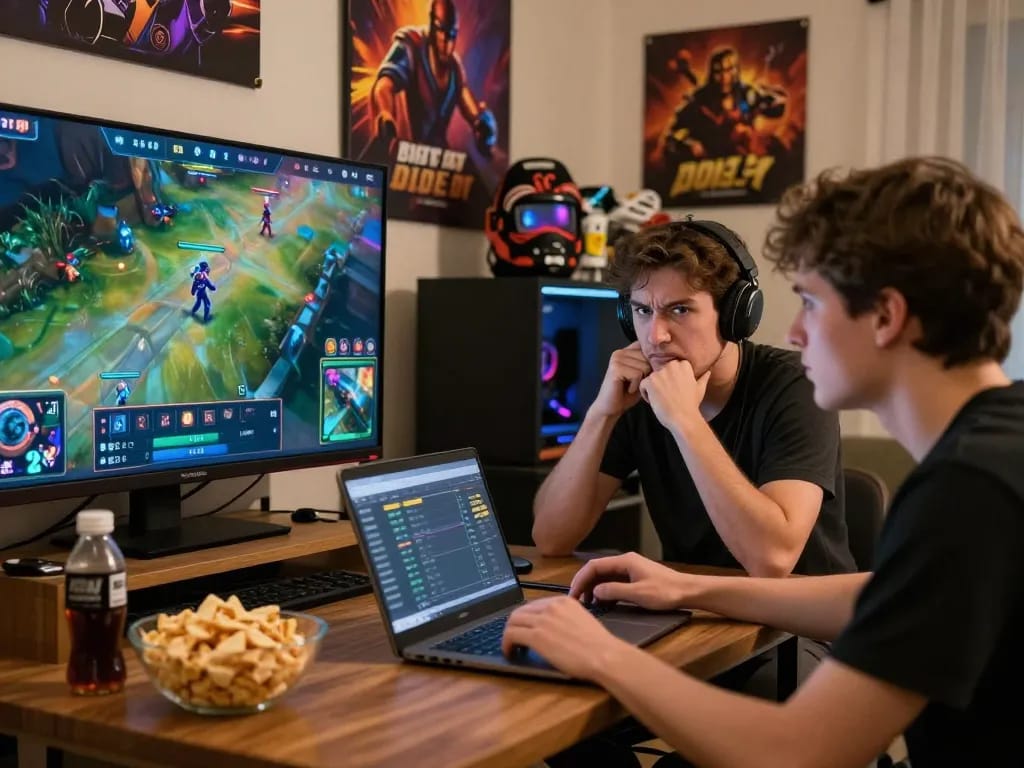 Dota 2 betting scene with gamers watching live match and checking odds.