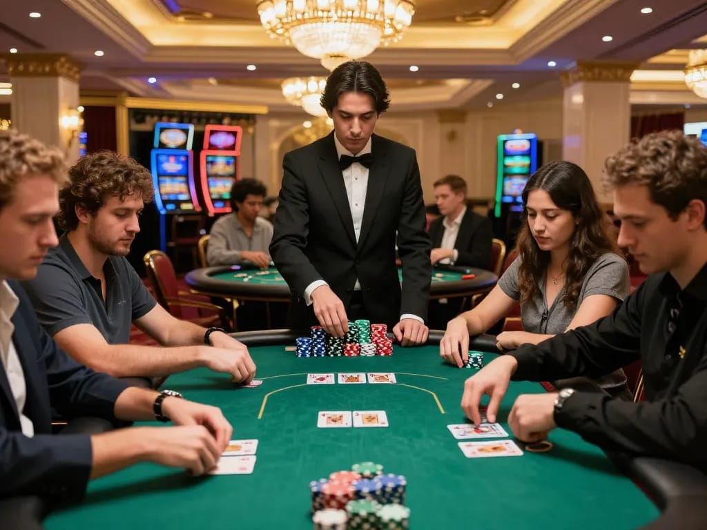 Pemain yang menyusun strategi selama permainan poker dengan taruhan tinggi di kasino KING55, chip ditumpuk dan kartu terbuka.