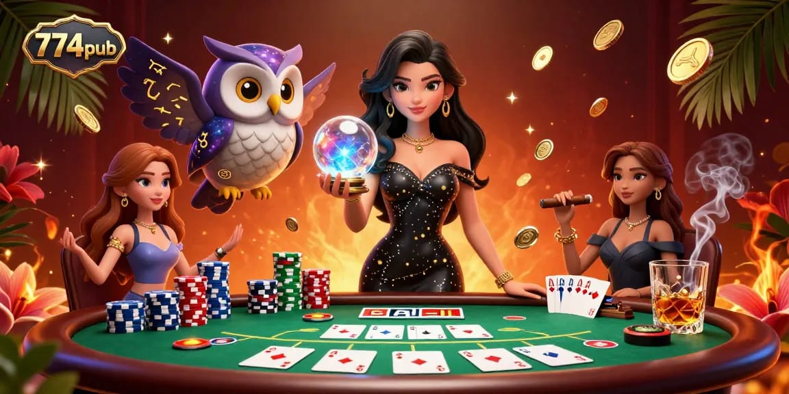 Experience the excitement of gambling with 774pub's stunning 3D casino illustration featuring a mystical woman and poker elements.