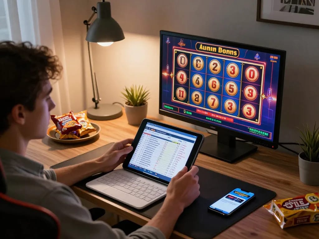 Player engaging with a slot bonus game on a tablet, showcasing interactive online gaming experience.