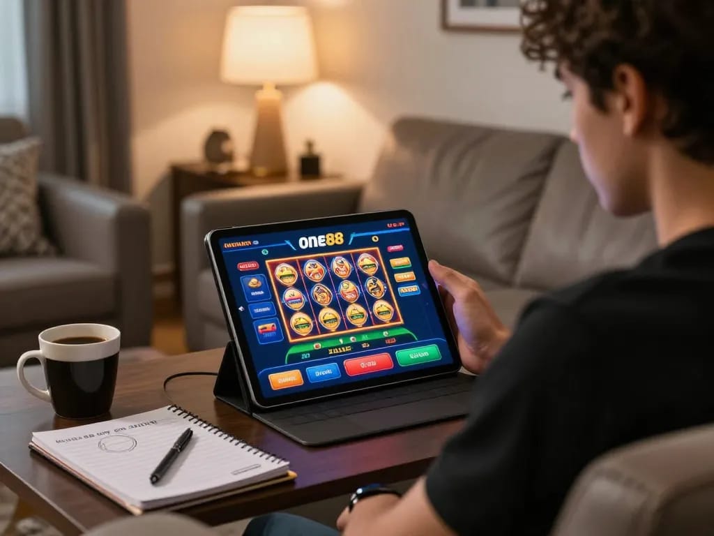 Experience the thrill of online gaming with one88 on a tablet in a cozy home setting.