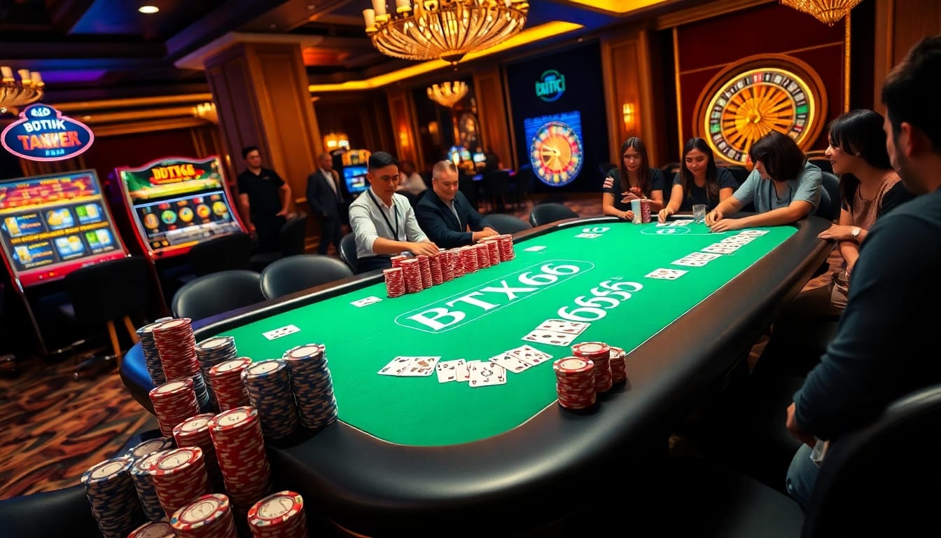 Players engaging at a BDTK66 poker table, surrounded by sleek casino elements.