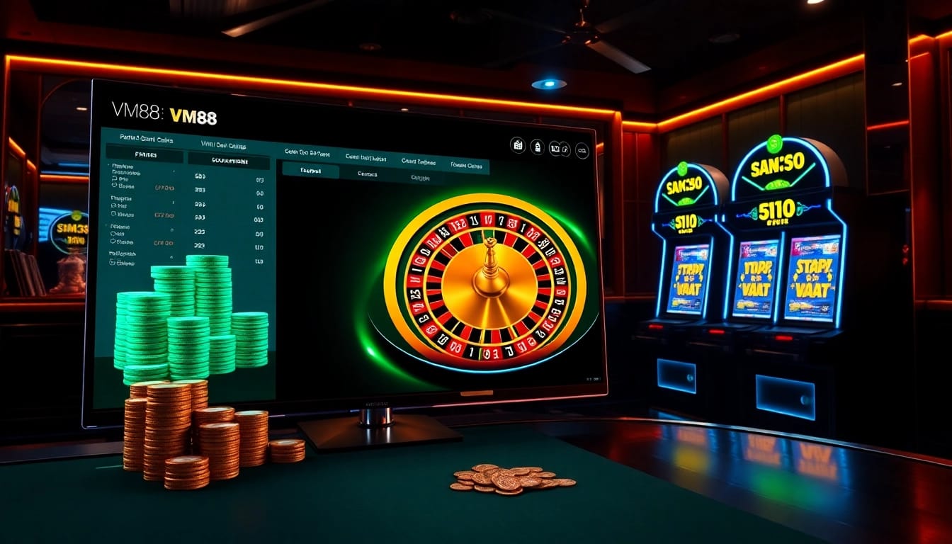 VM88 online casino interface displaying dynamic poker chips, roulette wheel, and slot machines showcasing winning bets