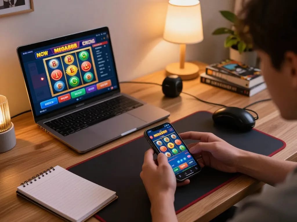 Playing mega888 on a smartphone in a cozy home setup, showcasing online gambling action