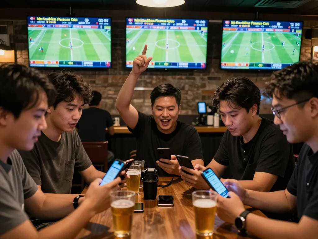 Patrons discussing kèo nhà cái while placing bets on smartphones in a bustling sports bar atmosphere.