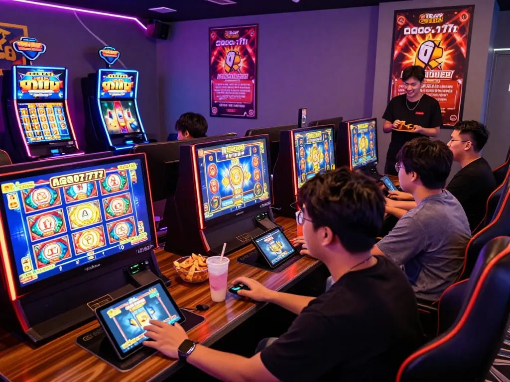 Group of players enjoying slot gacor 777 games in vibrant gaming lounge.