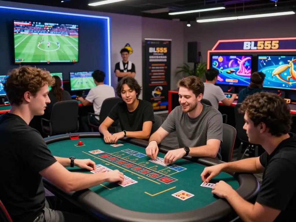 A diverse group of players enjoying games at BL555, showcasing a lively atmosphere in an online gaming environment.