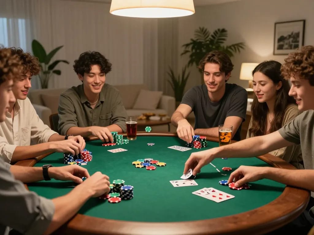 Friends enjoying a poker night at home featuring 789win com, betting on cards with excitement.
