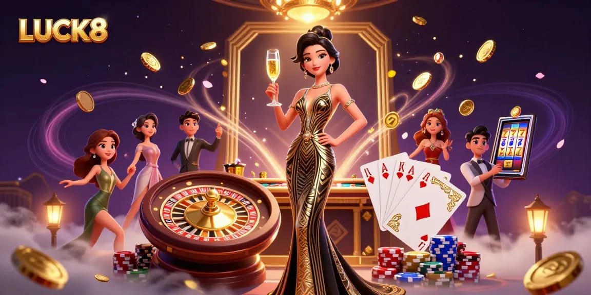 Experience the thrill of LUCK8 with a glamorous casino scene featuring elegant gaming elements and vibrant action.