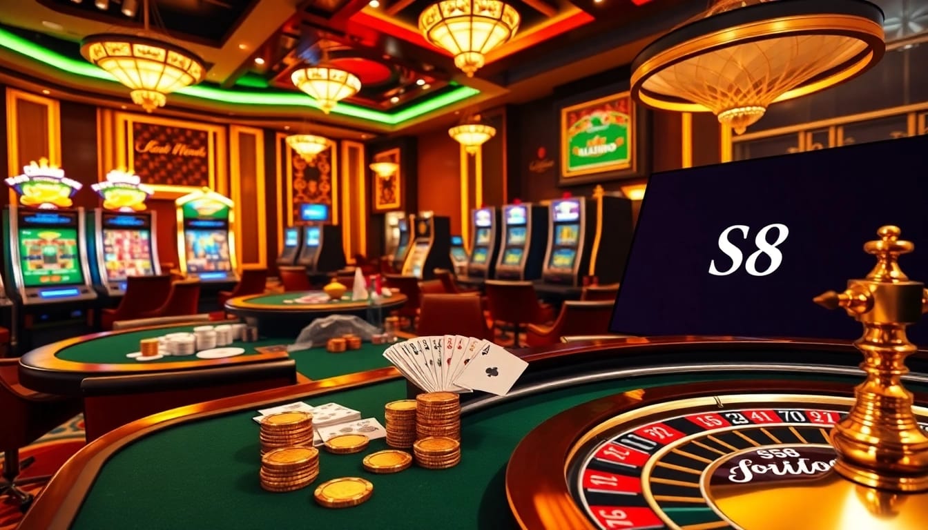 S8 logo integrated into an exciting casino scene with poker chips and elegant roulette wheels.