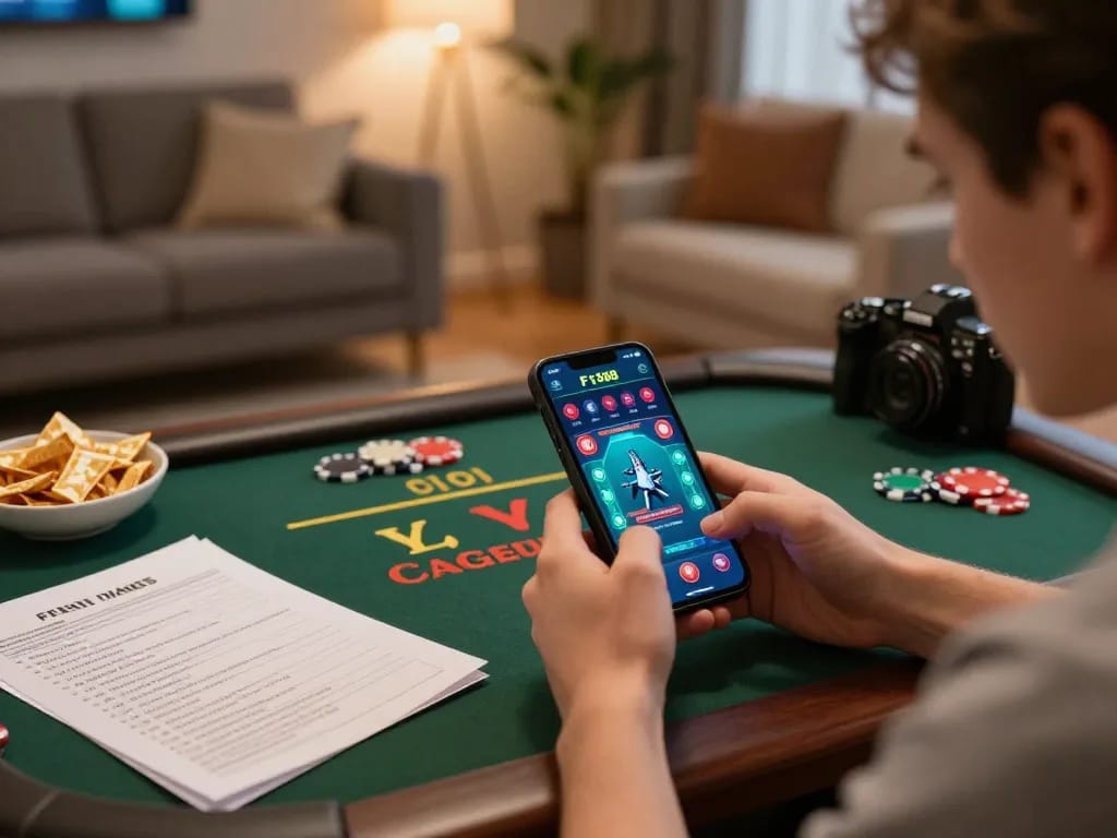 Player enjoying F168 mobile casino app on smartphone in cozy living room setting while applying winning strategies.