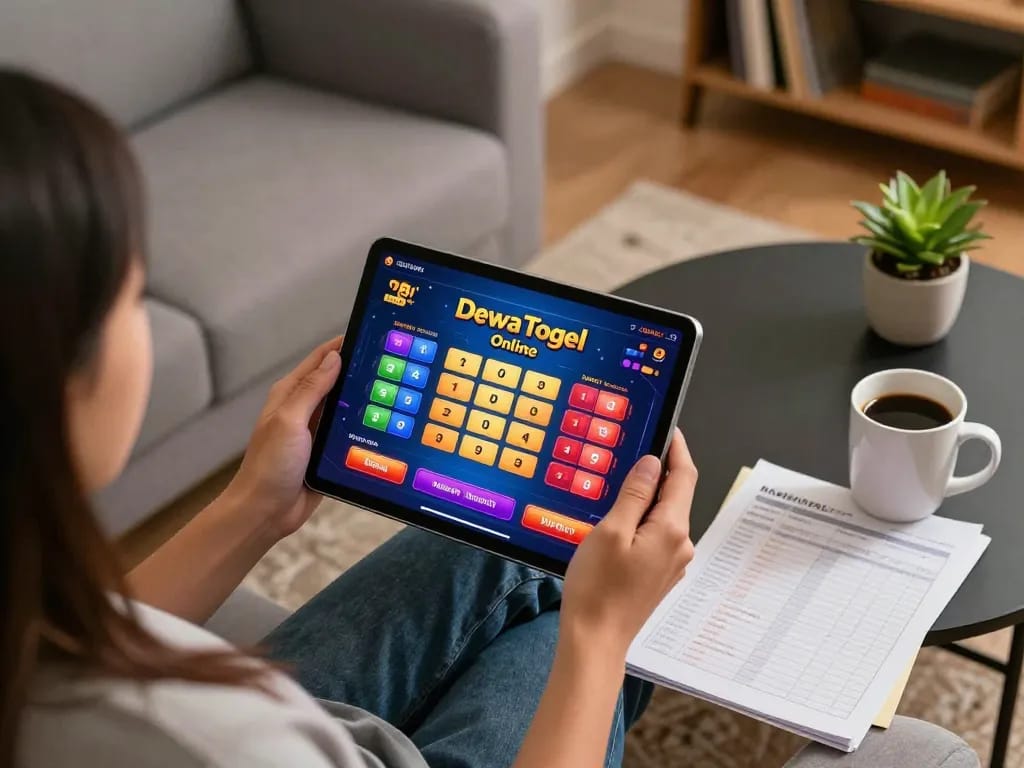Dewatogel Online gaming experience with a player engaged on a tablet, colorful lottery interface displayed, promoting responsible gambling.