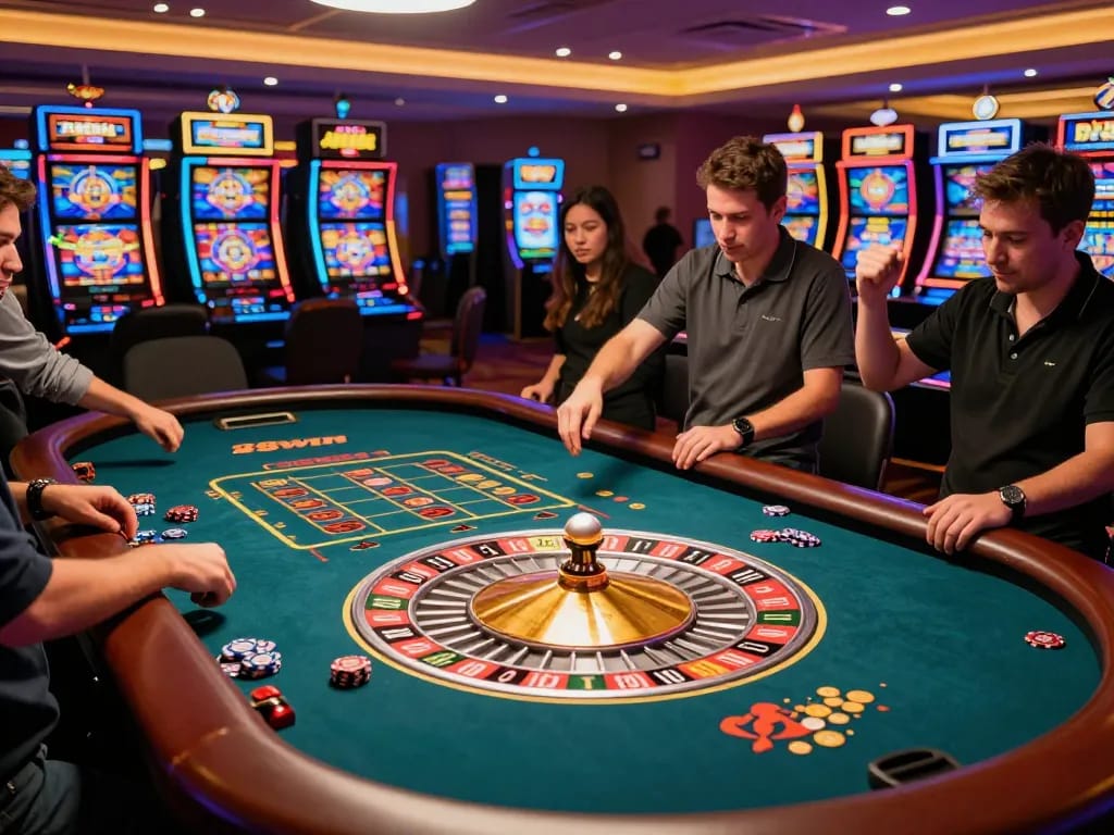 Players engaging in an exciting roulette game at 98win casino, showcasing vibrant atmosphere and dynamic gameplay.