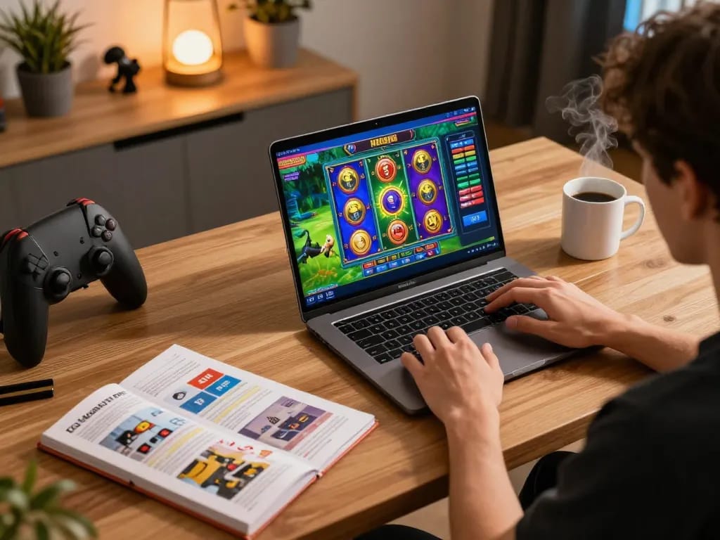 Engaging online gaming session featuring FC88 with colorful slot graphics and strategy guide at hand.