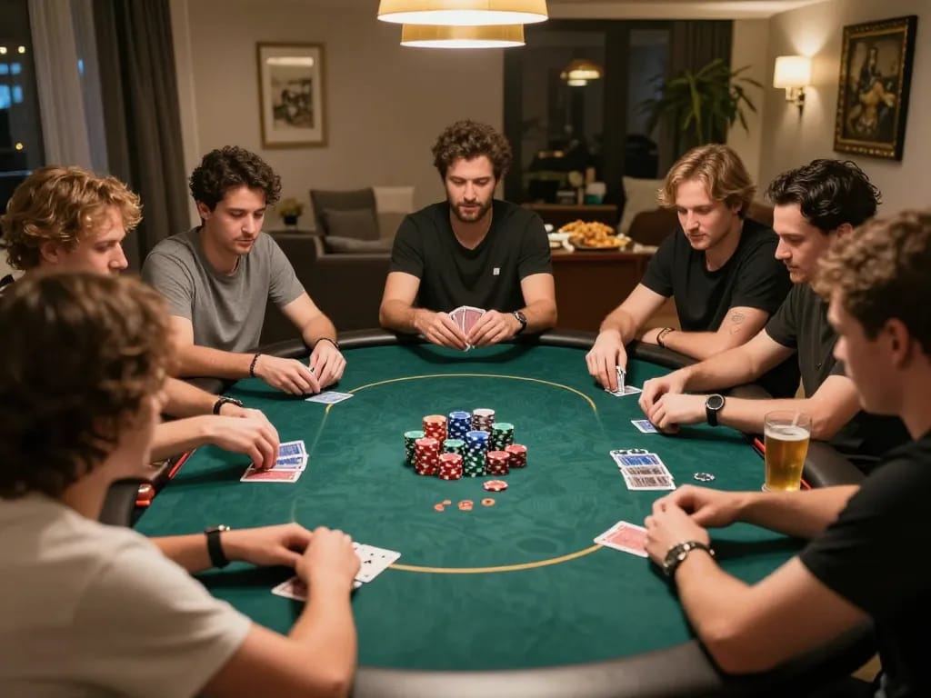 Pemain menikmati malam poker POL777 dengan chip dan kartu berwarna-warni di lingkungan rumah yang santai