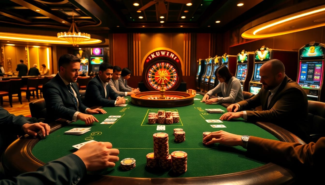 Kuwin players enjoying the thrill of high-stakes poker at an upscale casino table.