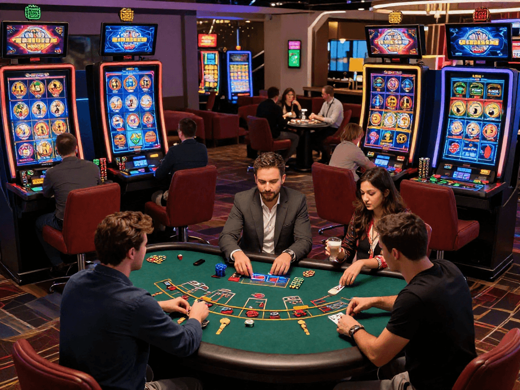 Engaging scene of diverse players enjoying new USA online casinos with a live dealer in a modern gaming environment.