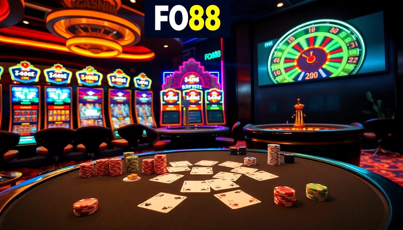 Engaging poker scene at FO88 Casino with vibrant chips and dynamic gambling tables.