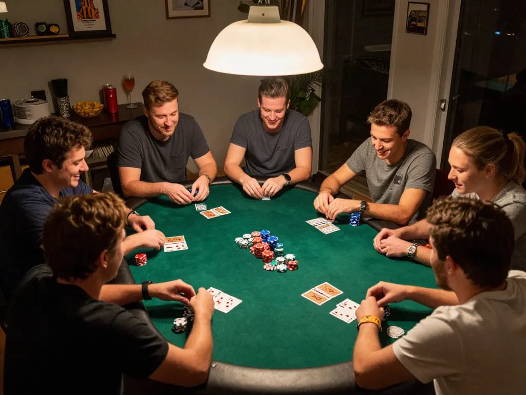 Sahabat yang terlibat bermain poker, suasana terinspirasi seniman komik yang meningkatkan kesenangan dan strategi