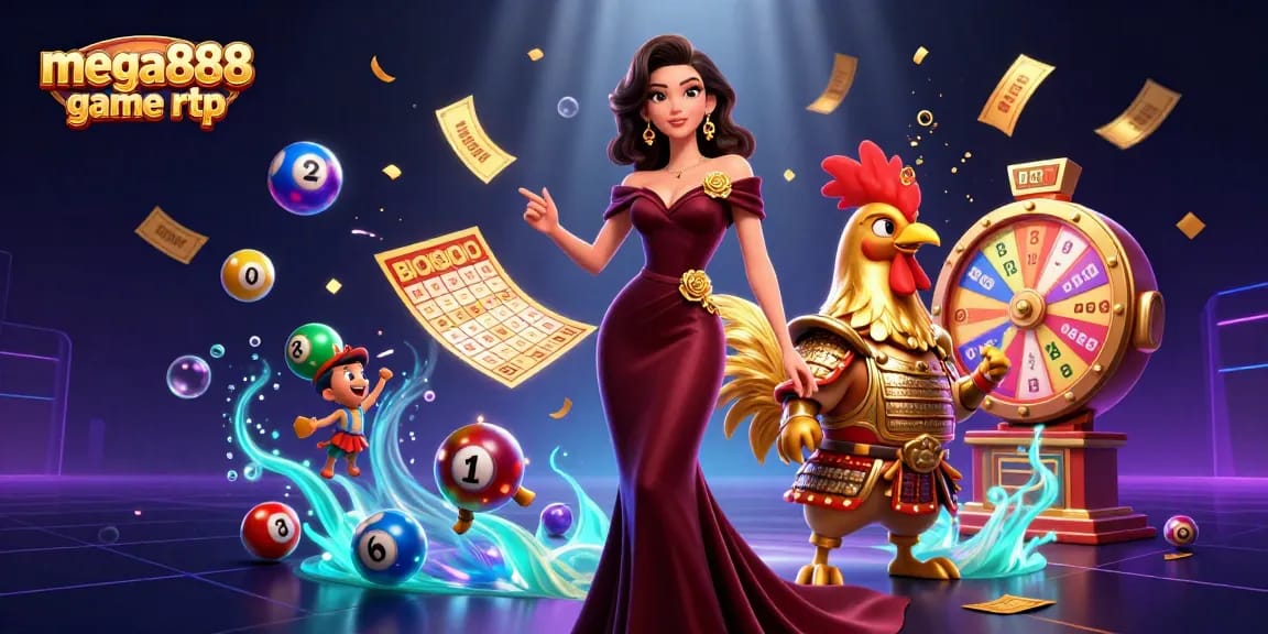 Engage with mega888 game rtp visuals showcasing vibrant lottery elements and characters in a casino atmosphere.