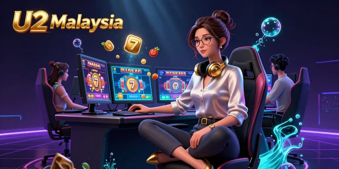 Play thrilling slot games at U2 Malaysia, surrounded by dynamic jackpot reels and vibrant game symbols.