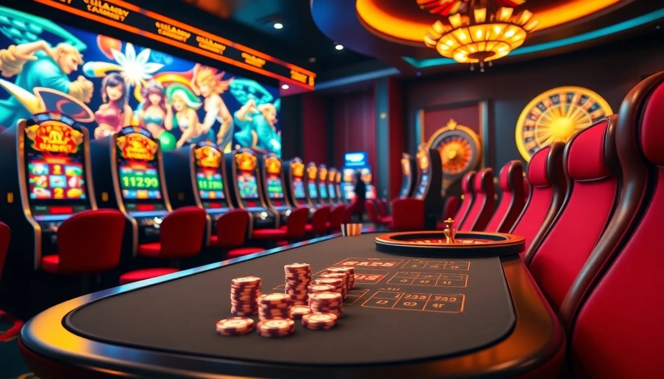 Slot bonus new member excitement with vibrant casino tables and machines.