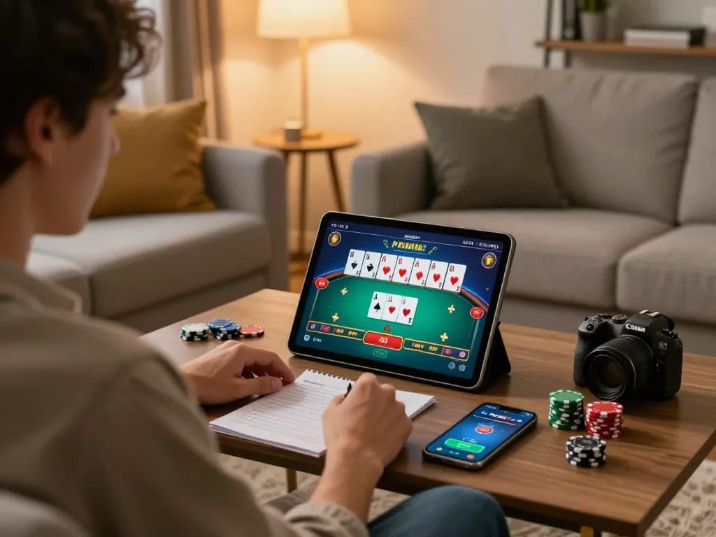 Pemain SURYA999 menikmati permainan poker di tablet dalam suasana rumah yang nyaman, menunjukkan permainan yang strategis.