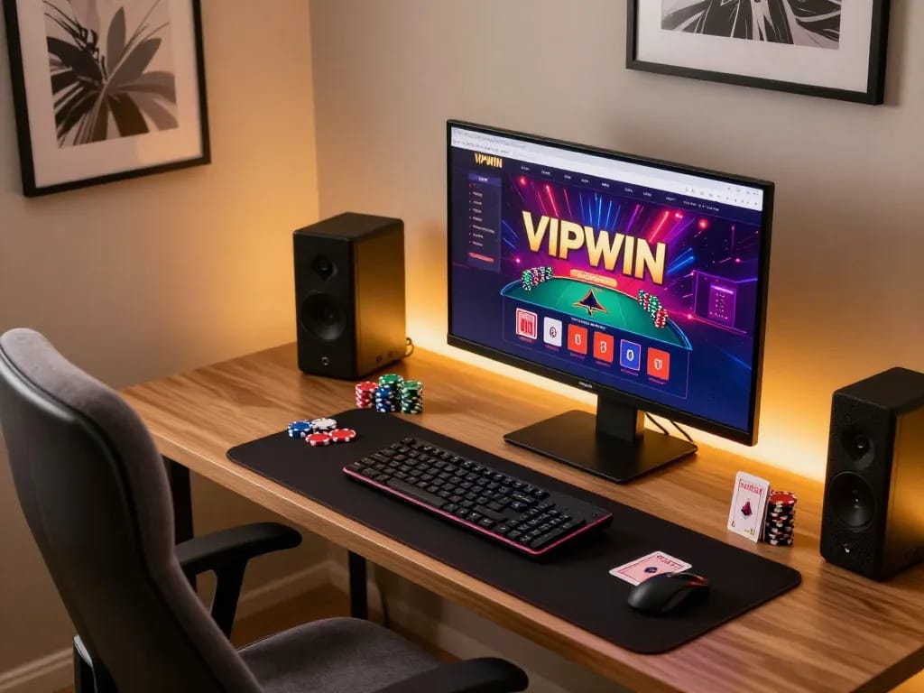 Engaging with VIPWIN online casino interface in a stylish home office