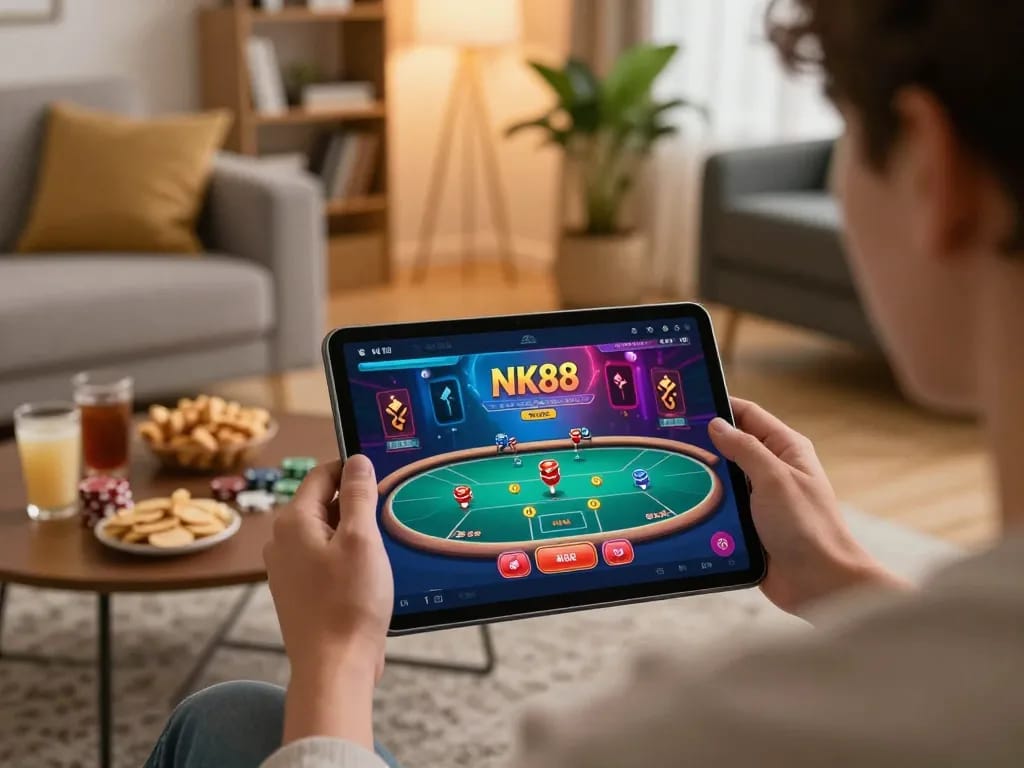Engaging in live casino gameplay on NK88 with vibrant graphics and a cozy atmosphere