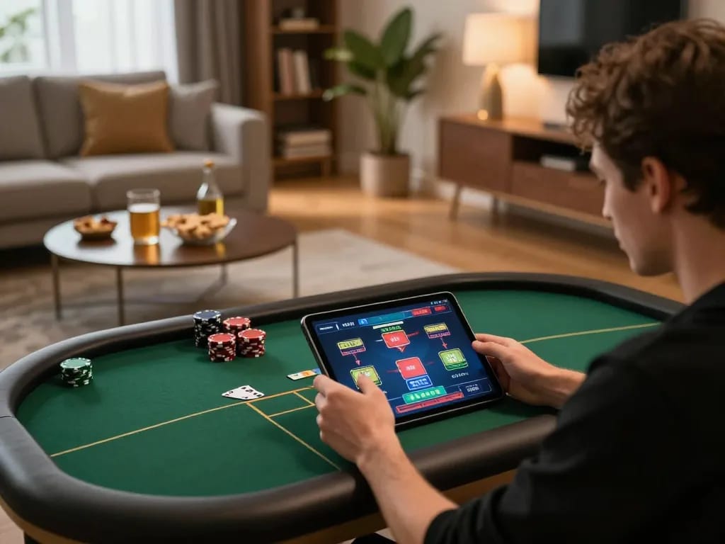 Engaged player exploring iwin poker game on tablet in cozy home setting