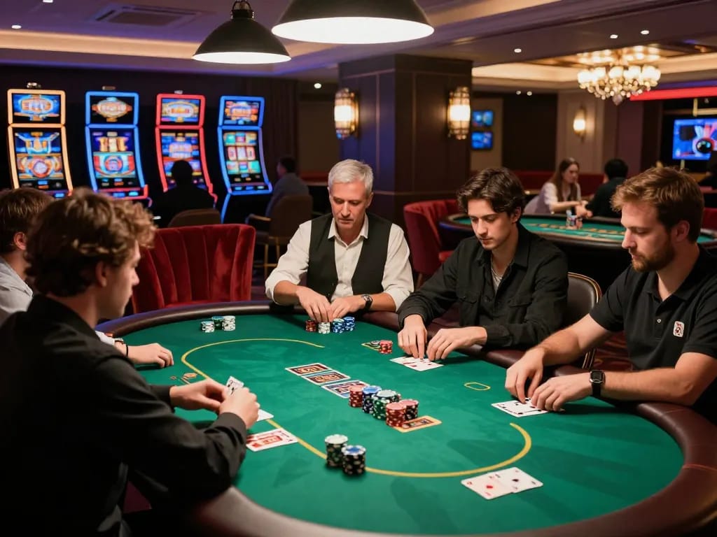 Engaged players at tt88 link poker table strategizing their next move in a luxurious casino.