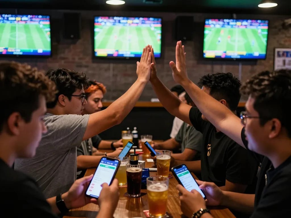 Patrons engaging in soi kèo vip sports betting at a lively bar, showcasing live games on screens.