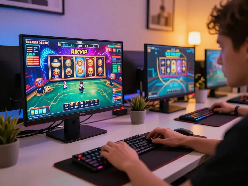 Player engaging with RIKVIP online casino app on sleek tablet, showcasing exciting games and graphics