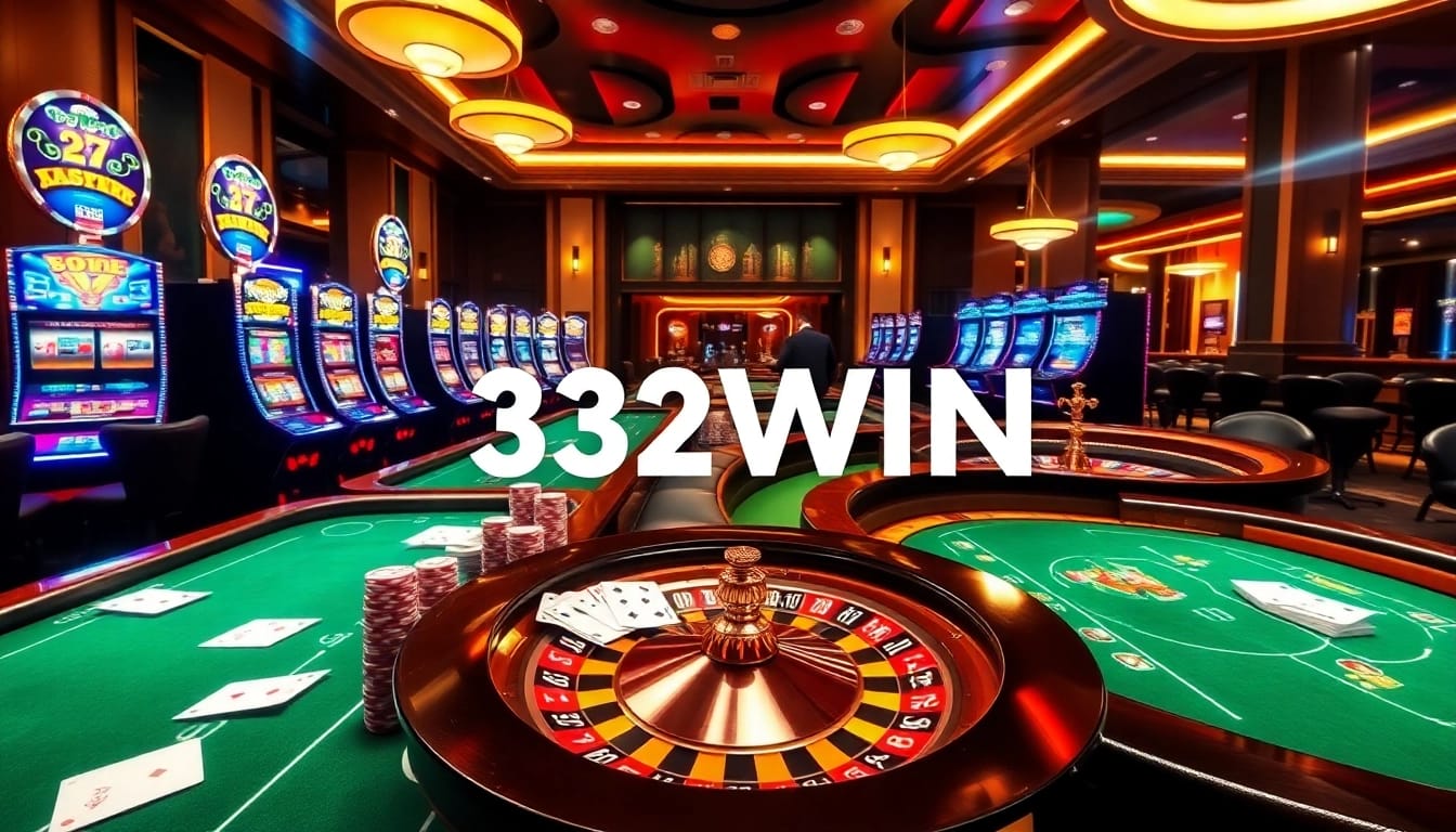 32WIN players engaging in an exciting game at a vibrant casino table filled with chips and cards.