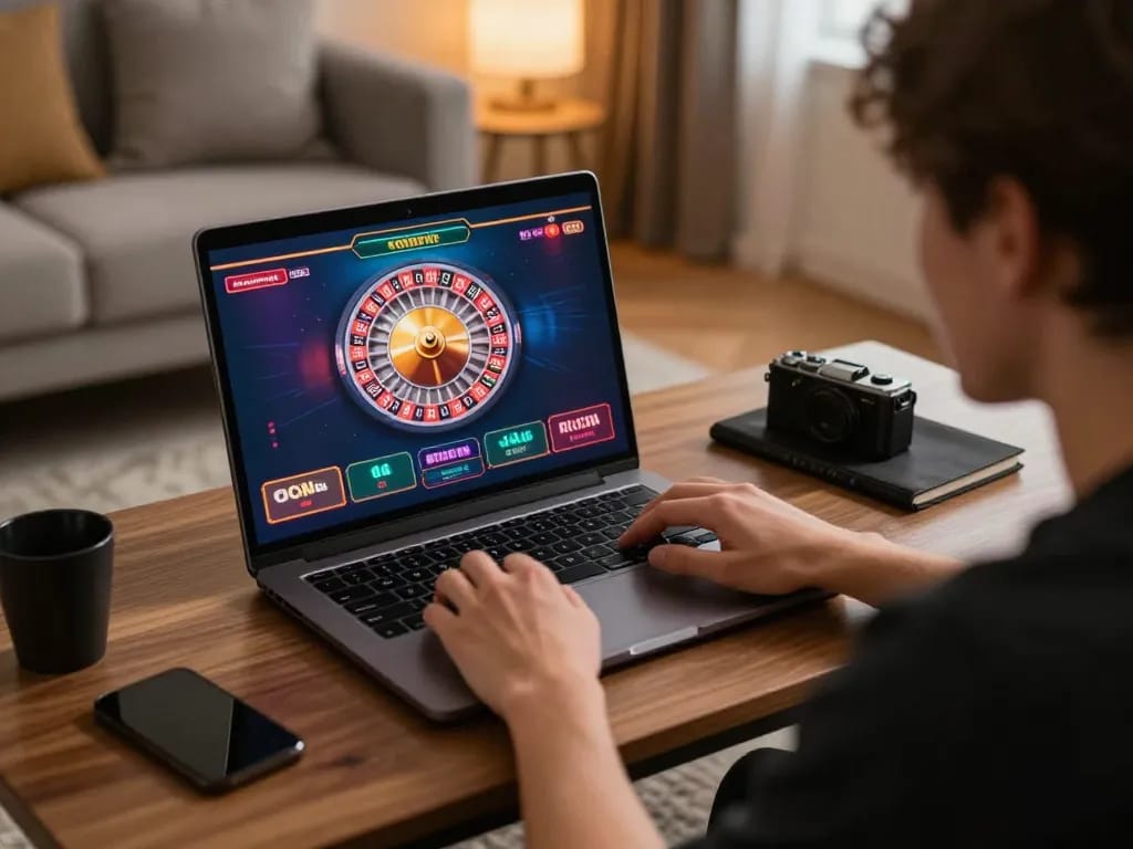 Engaged player enjoying roulette on 9bet through laptop in modern living room