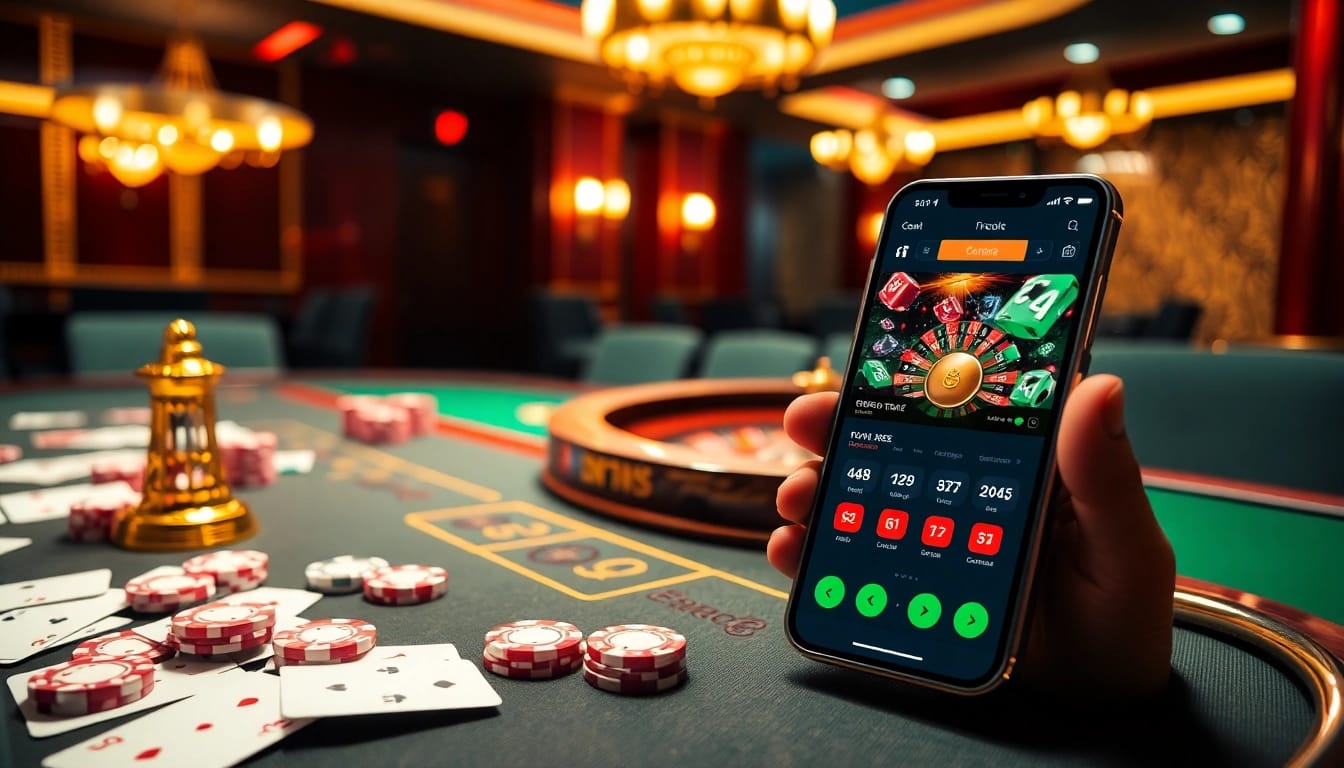 Experience a thrilling moment as you tải app 11Bet on a luxurious gaming table with poker chips and cards.