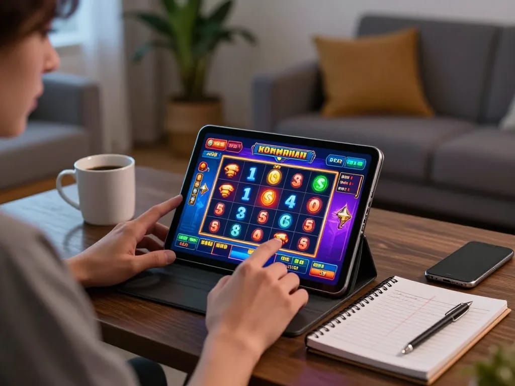 Engaging online gaming session at Nk88 com featuring a player enjoying a vibrant slot game on a tablet.