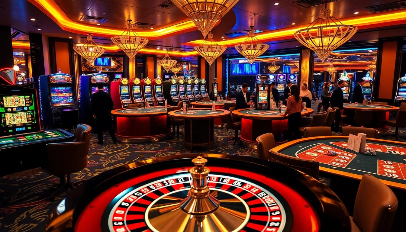Experience the thrilling ambiance at THABET with vibrant casino tables and eager players.
