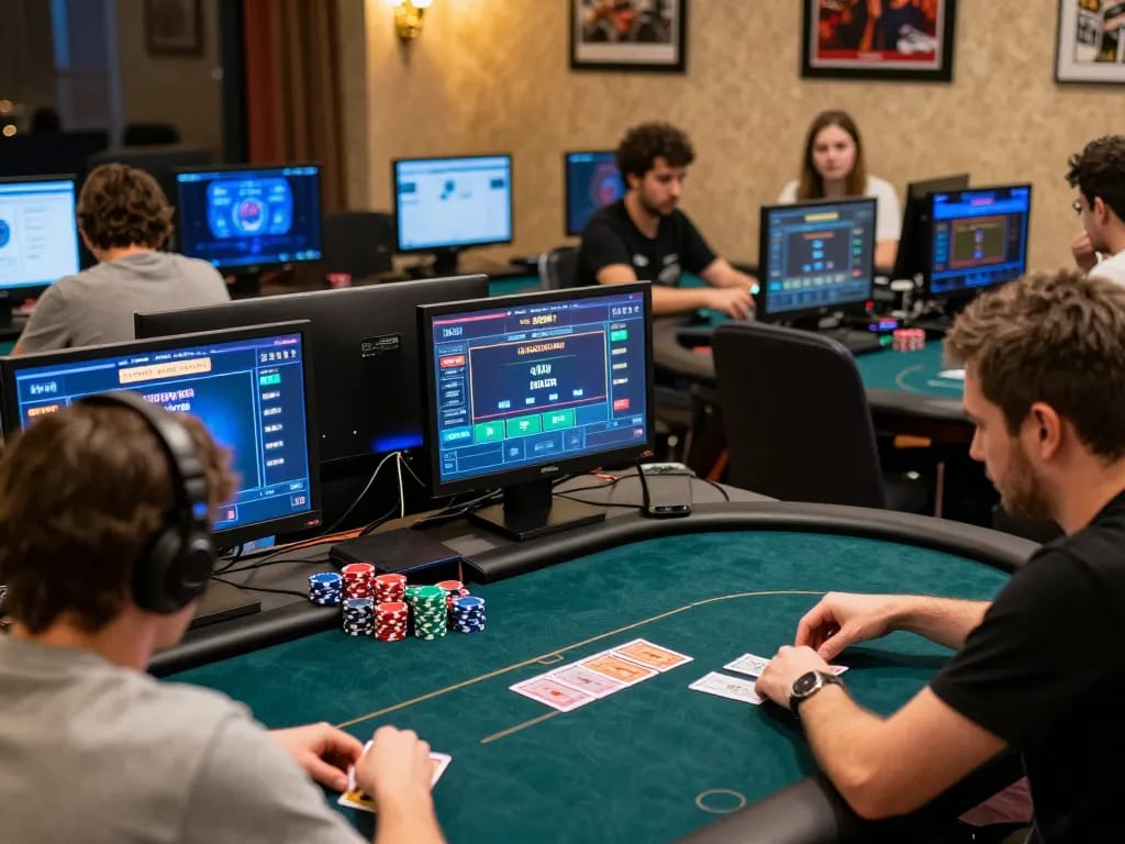 The screen displays tỷ lệ kèo nhà cái 5 as players engage in an intense online poker tournament, emphasizing strategic moments.