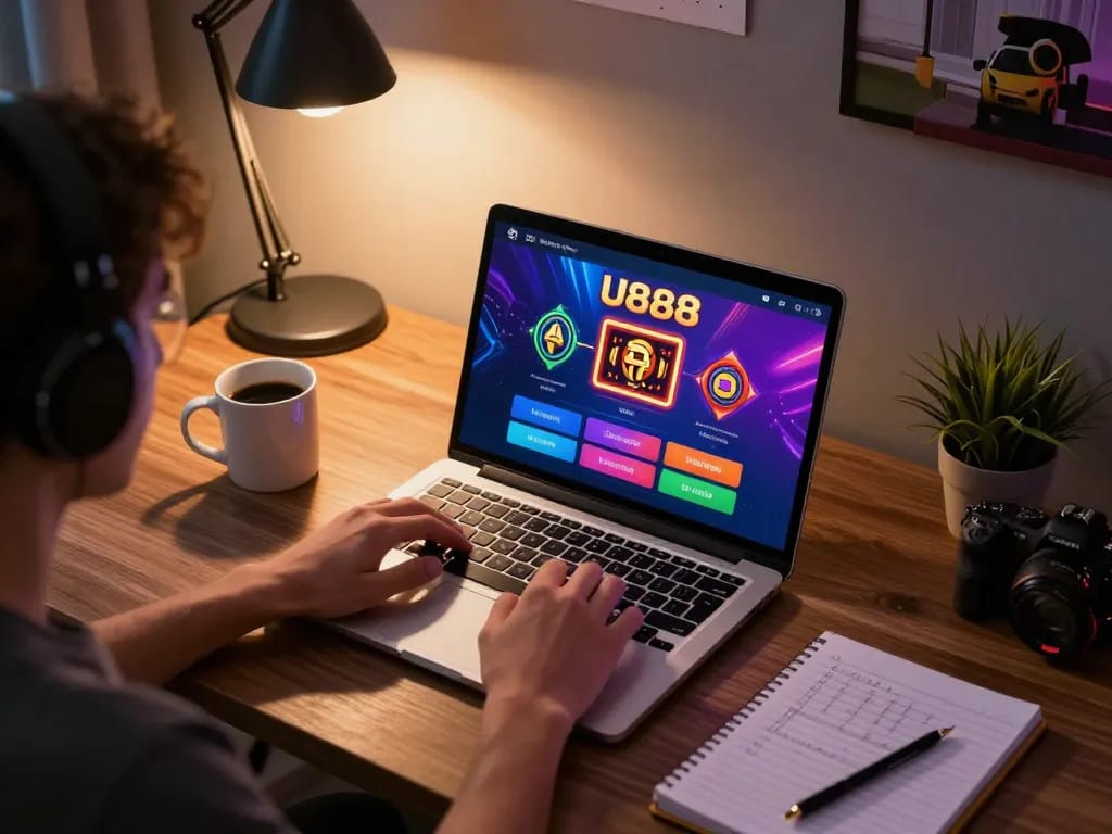 Player engaging with U888 casino app on laptop during a cozy home gaming session