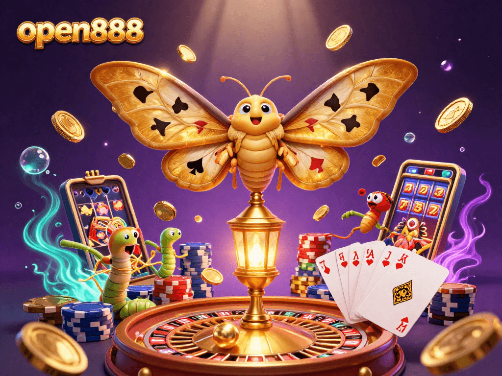 Experience the thrill of open888 with captivating casino elements featuring lucky plays, vibrant moth, and dazzling coins.