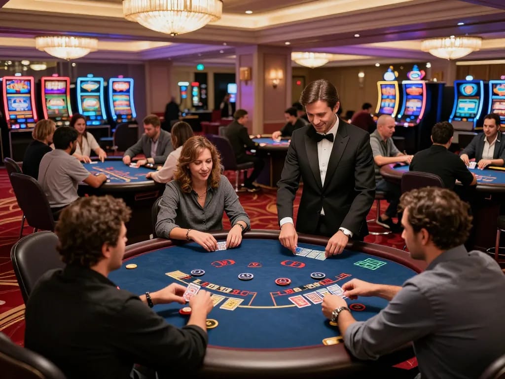 Players enjoy an exciting blackjack game at 789WIN's luxurious casino, showcasing strategic gameplay.