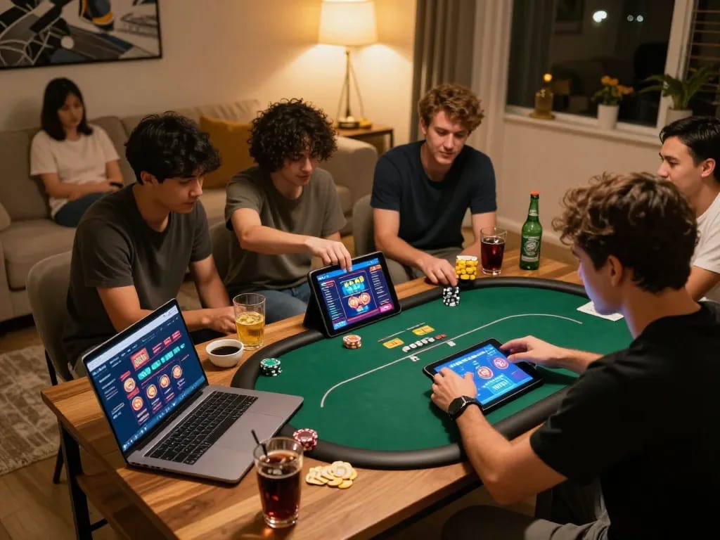 FC88 player engaging intensely in online poker while friends socialize nearby in a cozy setting.
